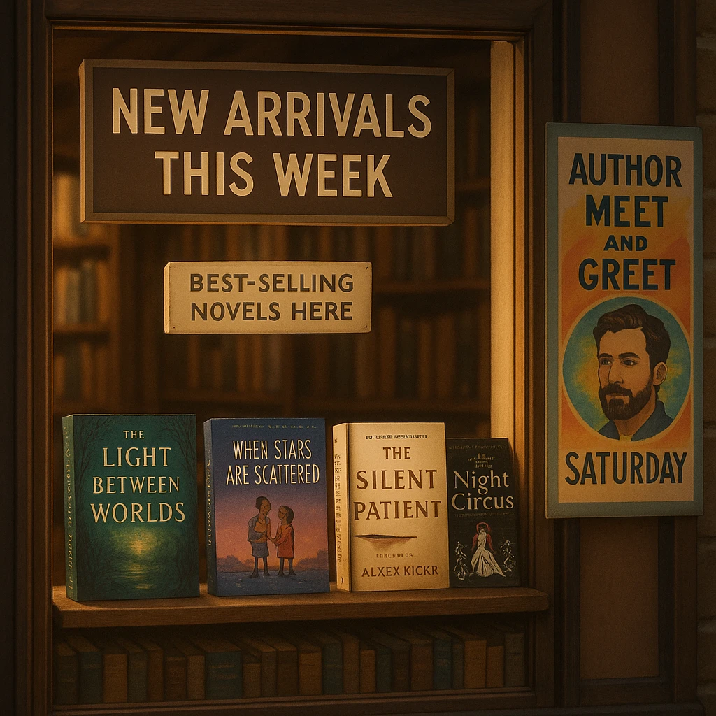 Bookstore window display. A sign displays “New Arrivals This Week”. Below, a shelf tag with the text “Best-Selling Novels Here”. To the side, a colorful poster advertises “Author Meet And Greet on Saturday” with a central portrait of the author. There are four books on the bookshelf, namely “The light between worlds” “When stars are scattered” “The slient patient” “The night circus” emoji