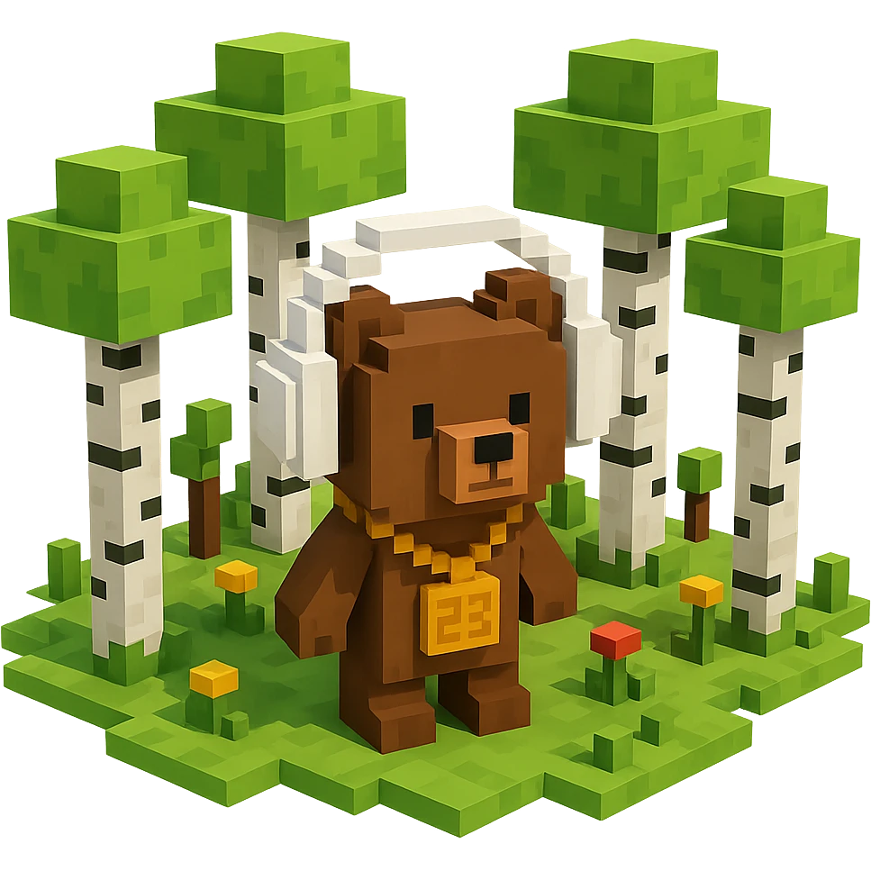 березовый лес, в котором сидит бурый медвежонок в белых наушниках (наушники должны закрывать уши медведя), на медведе цепь с подвеской "23", no background  emoji