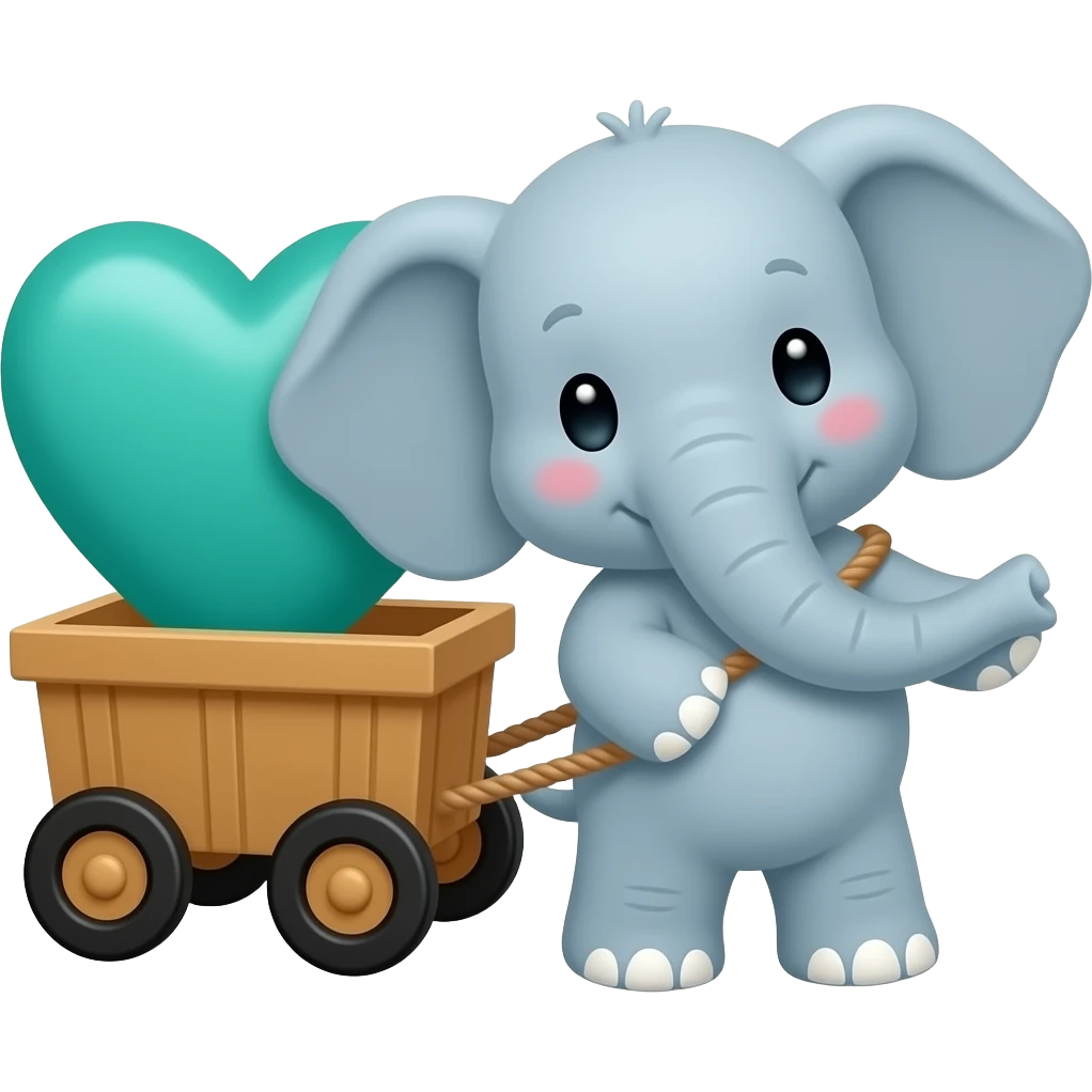 Teal blue and green heart with a teeny tiny cutest elephant towing with a rope  the heart  behind him on a wagon emoji