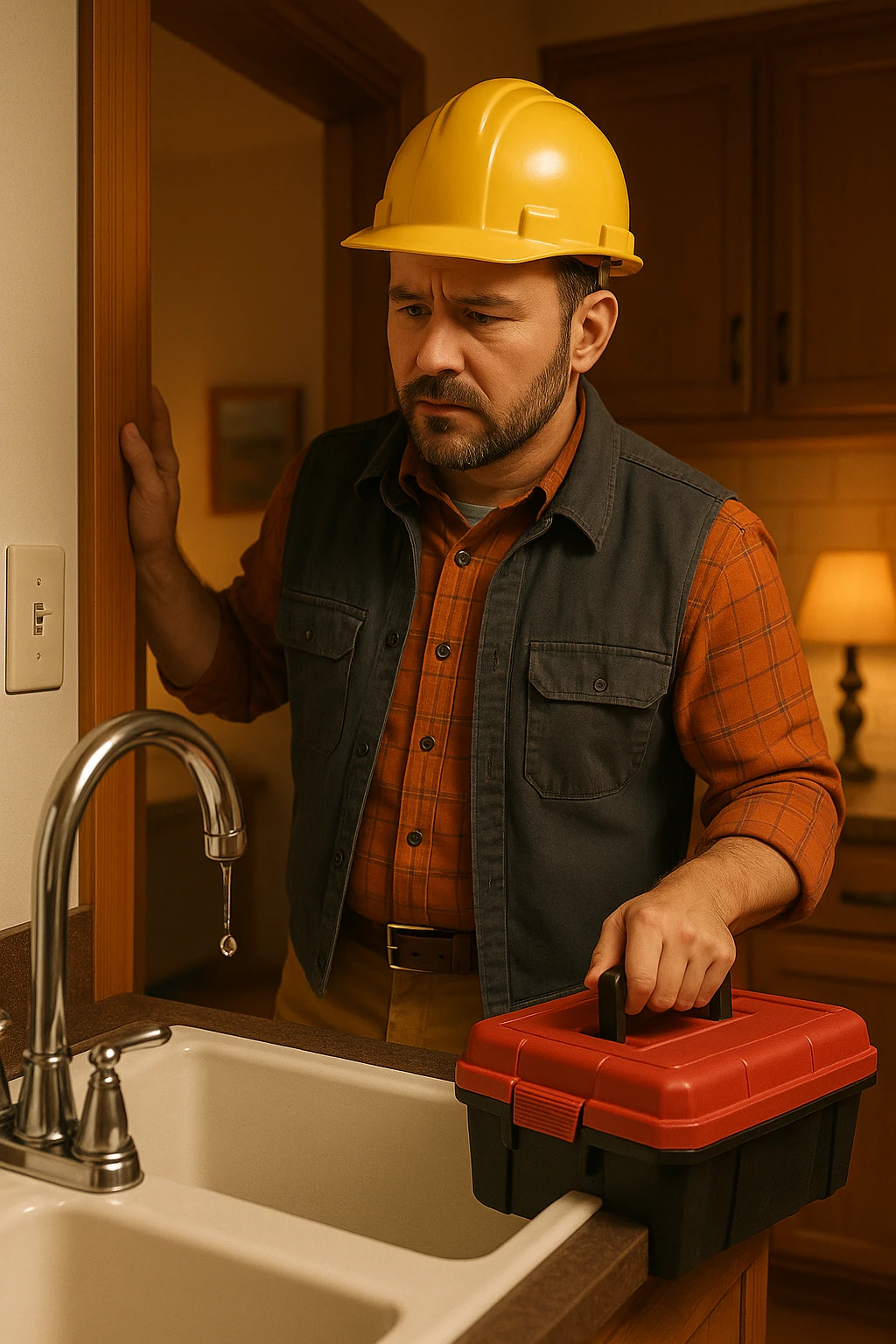 Vertical format, same scene: construction worker entering home, toolbox in hand, noticing leaky faucet, cozy home environment. Version 2 with different lighting or angle. emoji