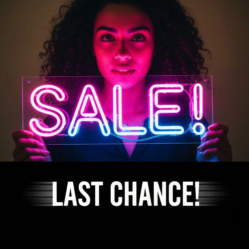 make a girl holding this sign, but sign in made of neon, also add fast below the sign emoji