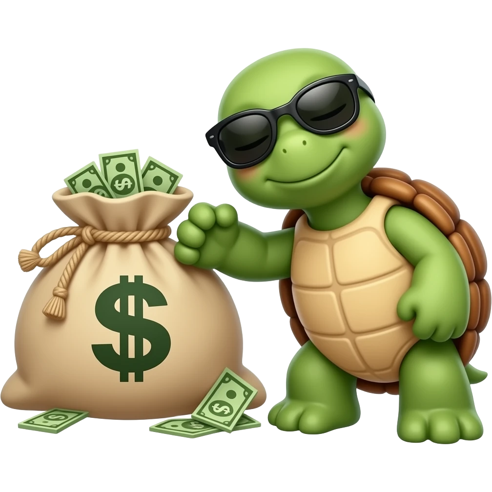 A turtle with sunglasses sleeping next to a bag of money emoji