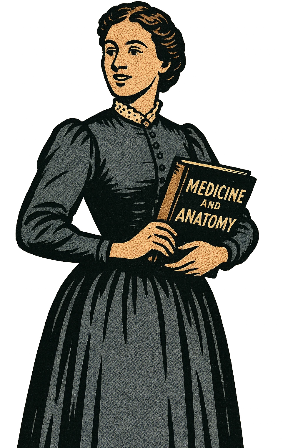 The full body of a victorian lady like Elizabeth Garrett Anderson holding a book about Medicine and Anatomy emoji