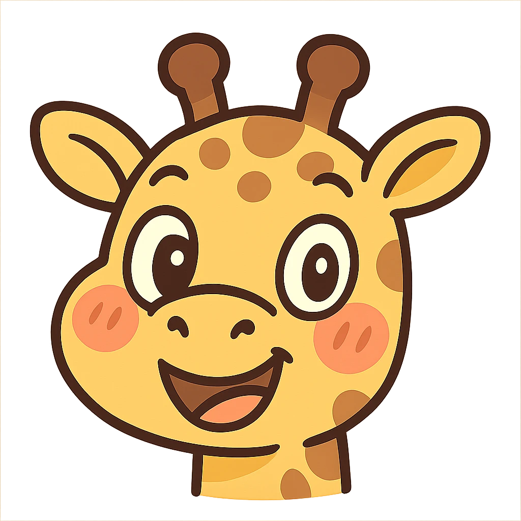 cute, stylized cartoon giraffe head with big, expressive eyes, a friendly smile, and exaggerated blush marks. The design should be simple, round, and optimized for small sizes (Twitch emoji). Use warm yellow and brown colors, with a soft outline. The expression should be happy and welcoming, perfect for a 'hi' or 'yay' emote. Cartoonish, kawaii-inspired style emoji