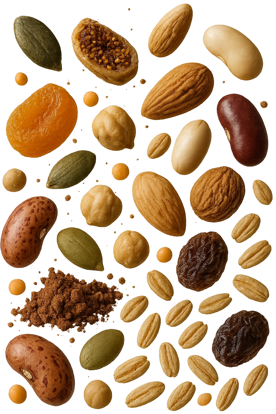 semi, frutta secca, legumi, cereali integrali, cacao amaro fluttuano in aria , iperrealistici 4k emoji