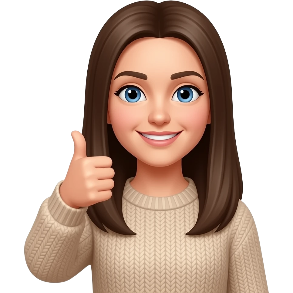 Woman. Long straight Brown hair. Blue Eyes. Beige sweater. Happy but raise an eyebrow raised with a thumbs up emoji