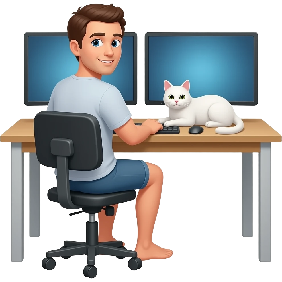 a guy sitting at home at the desk in shorts, he is turning around to us - at the desk there are two screens and a white cat lying on the keyboard emoji