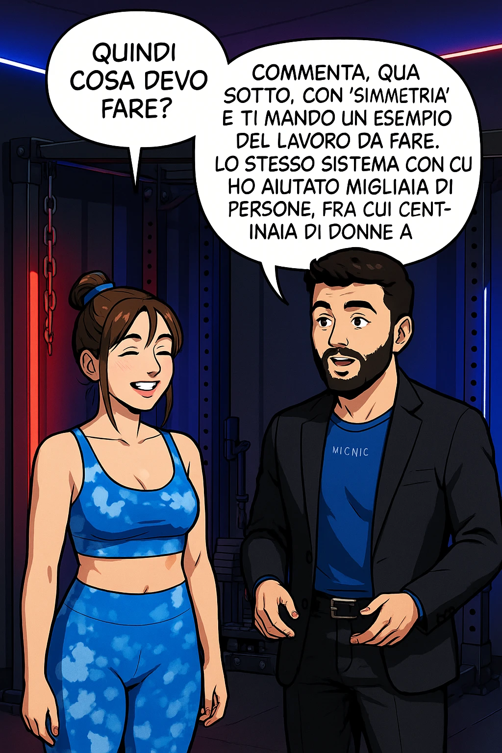 TRASFORMA QUESTO CAROSELLO IN UN FUMETTO STILE WEBTOON/MANGA A COLORI CON QUESTE DUE PERSONE IDENTICHE CHE INTERLOQUISCONO TRA LORO, LA DONNA SEMBRA SOLLEVATA/SODDISFATTA E CONTENTA:

LEI (DONNA): Quindi cosa devo fare?
LUI (UOMO): Commenta, qua sotto, con “simmetria” e ti mando un esempio del lavoro da fare. Lo stesso sistema con cui ho aiutato migliaia di persone, fra cui centinaia di donne a risolvere definitivamente gli inestetismi. emoji