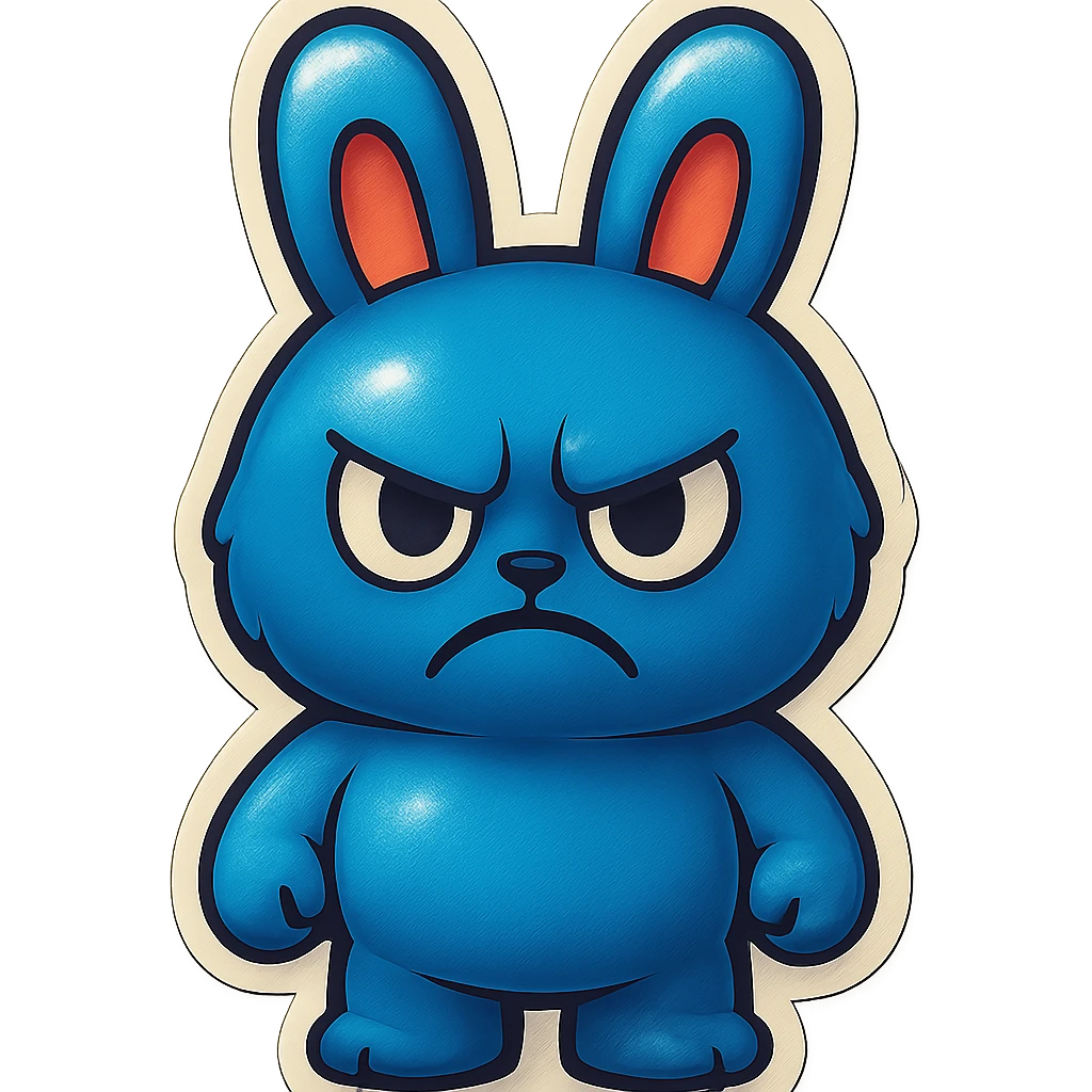 Change the blue bunny character's face to an angry, frowning expression, keeping the retro stickers style. emoji