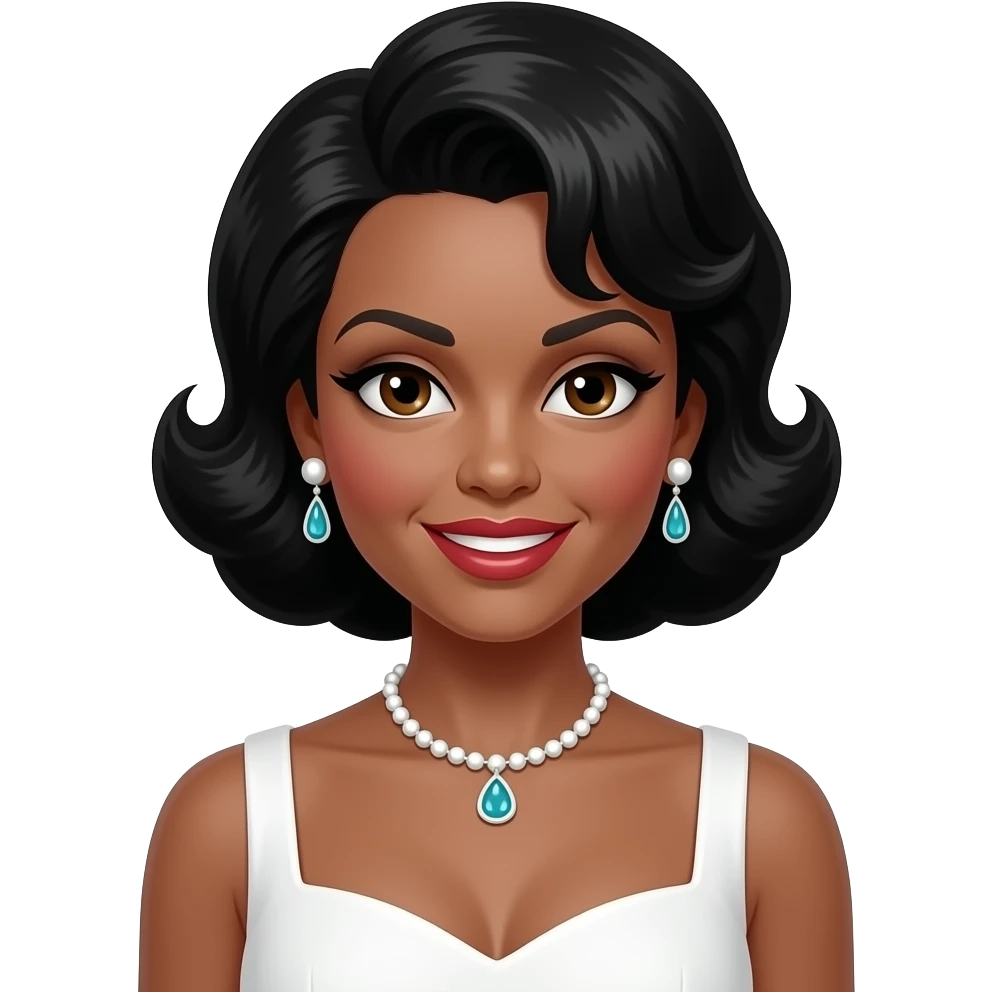 Eartha Kitt with brown eyes, black 50s pin-up hair, white hollywood dress, necklace and earrings emoji