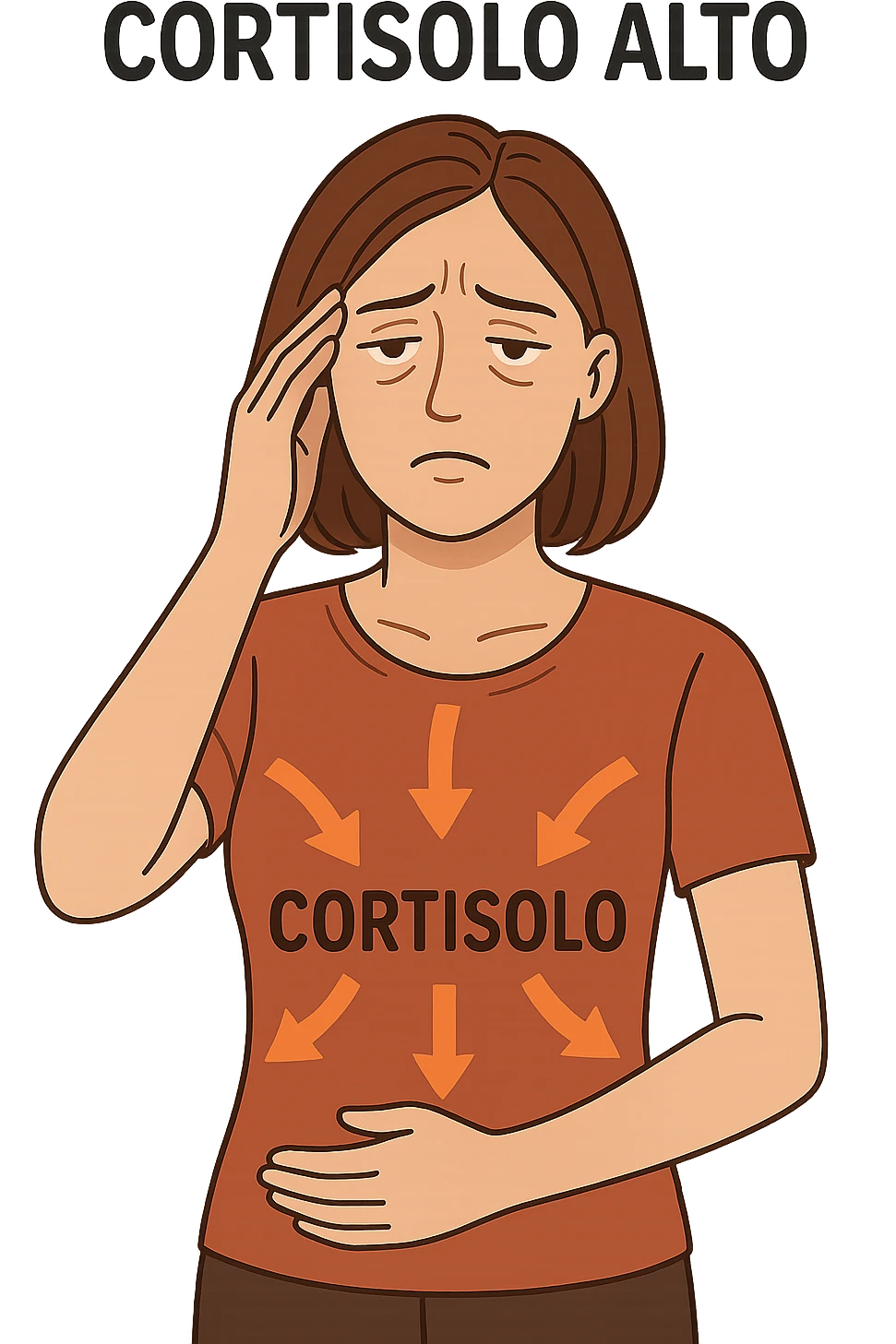 donna con Cortisolo alto con freccie che indicano. In italiano emoji