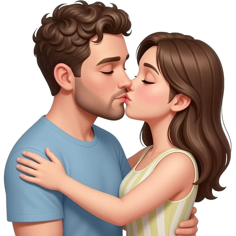 Realistic white man super short curly brown hair with beard kissing passionately and hugging realistic white girl brown hair emoji