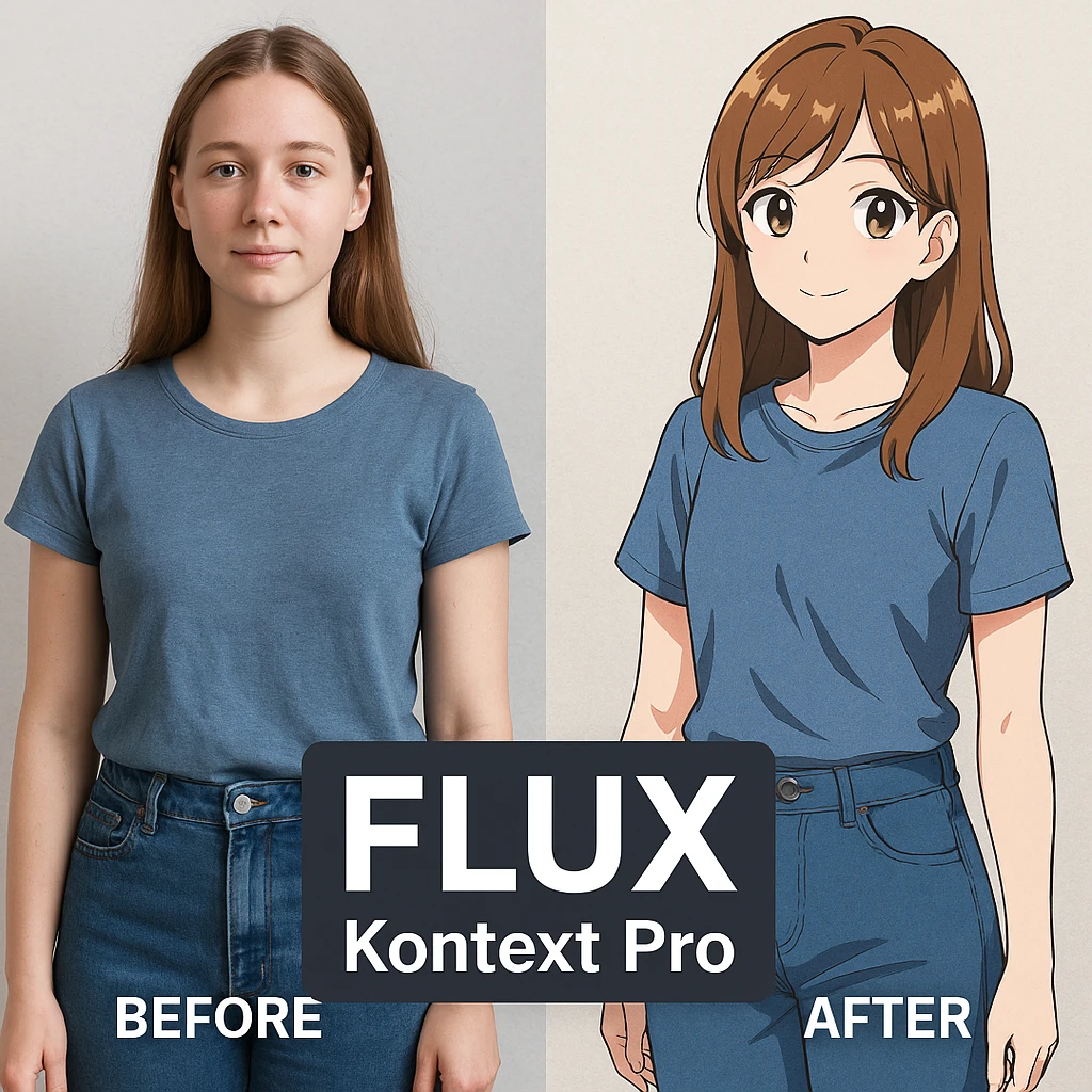 create before after image of a girl before is realsitic photo, after is anime version of her in same pose and clothes, add logo with text of a "FLUX Kontext Pro" emoji