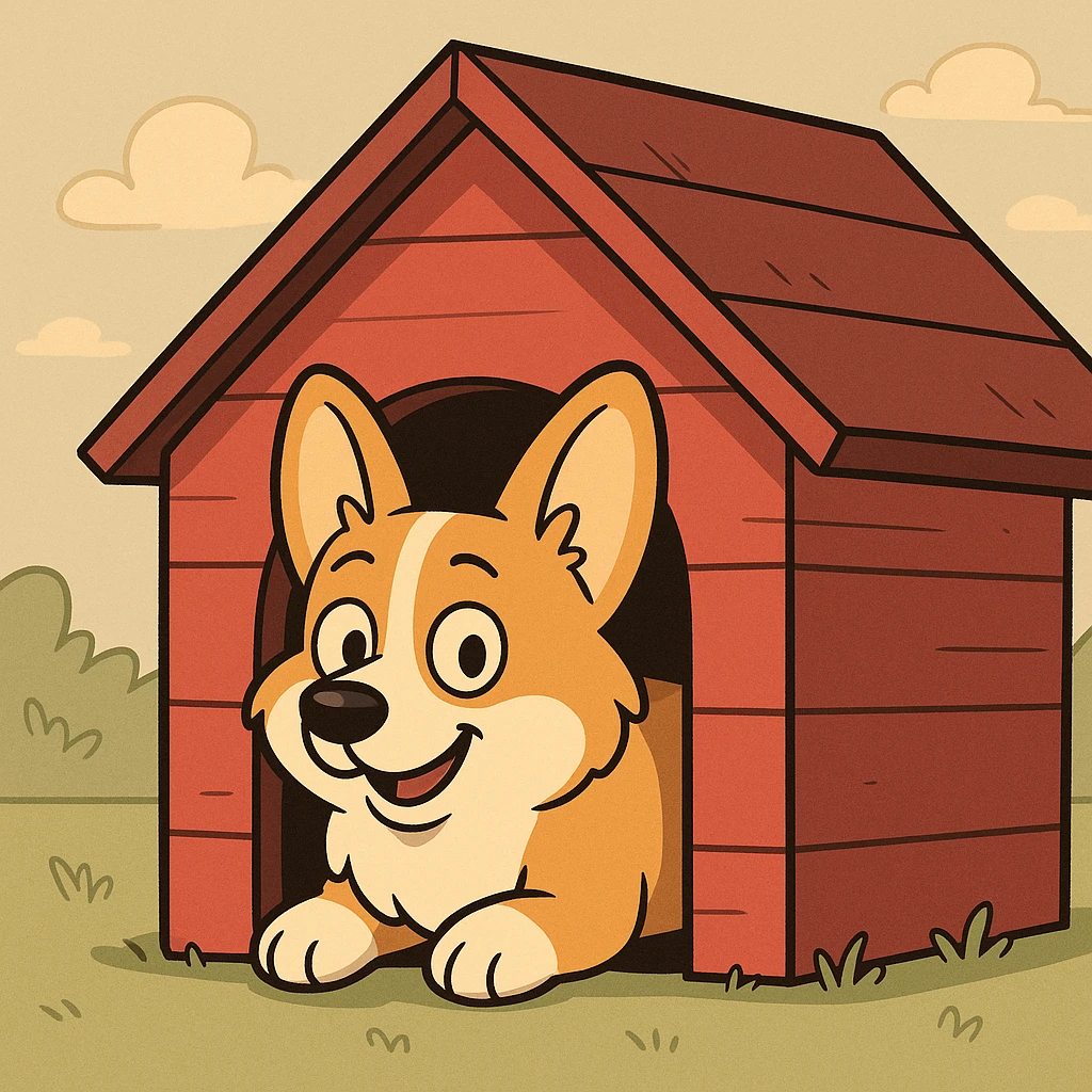 red dog house with a Corgi dog inside, Corgi peeking out, cartoon style emoji