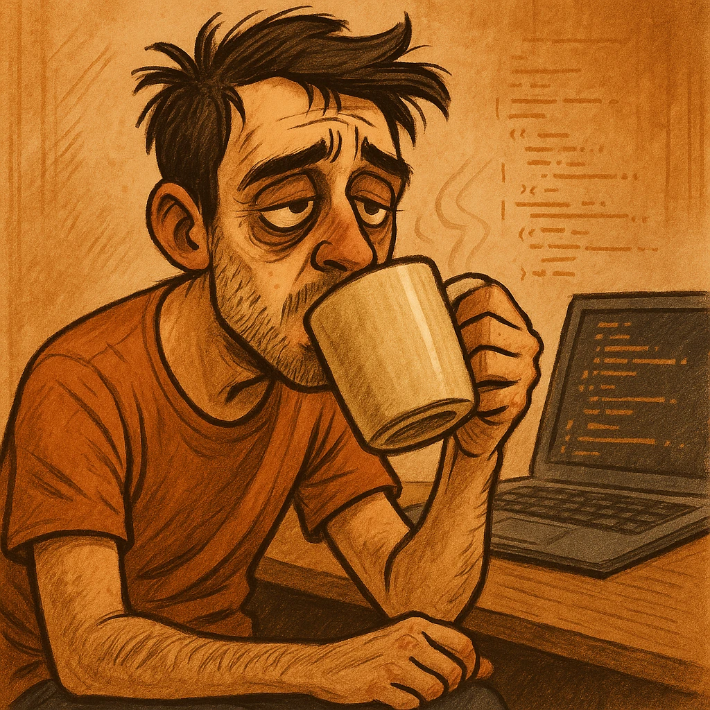 tired programmer with dark circles under his eyes drinking coffee, relatable expressive style emoji