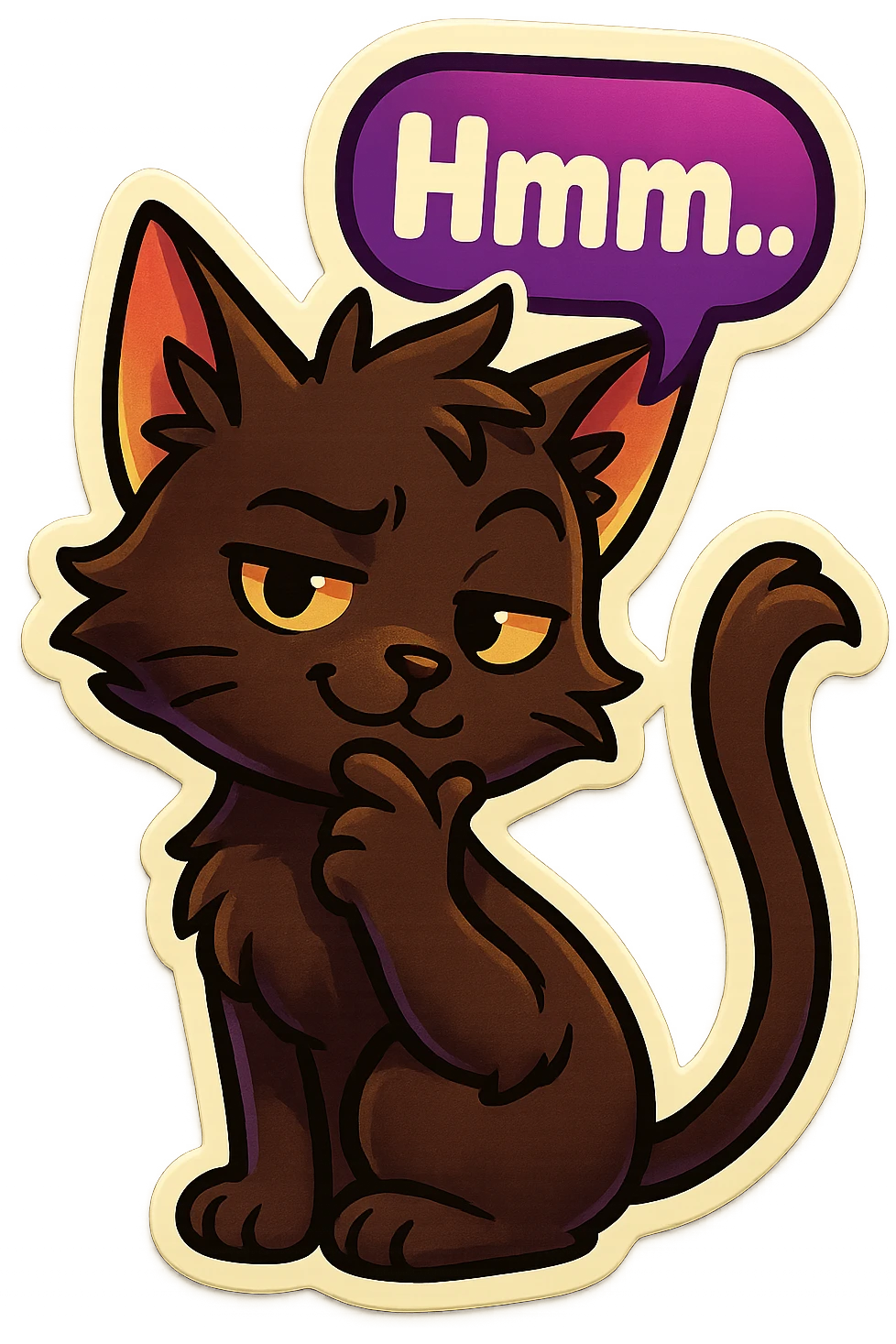 a dark-brown fluffy cute kawaii anime cat with tufted ears and a long thin tufted tail, thinking, smirking thoughtfully, saying “Hmm..” with a purple speech bubble emoji