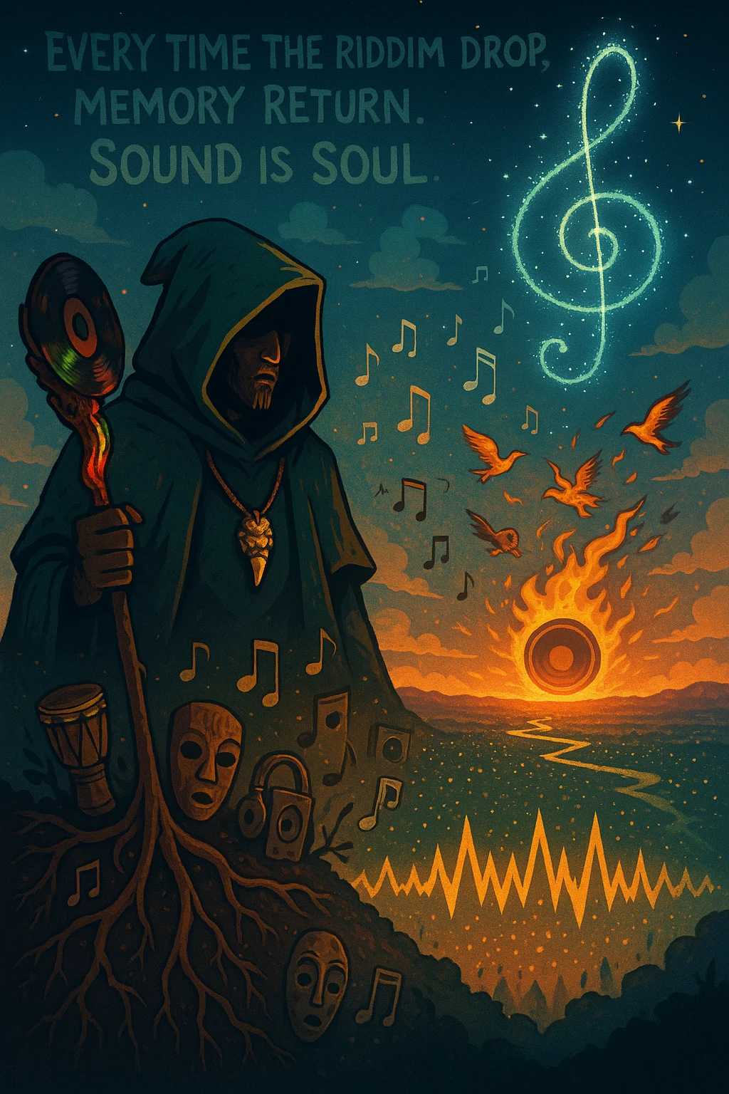 Create a mythical, animated-style poster set in a timeless world where sound is sacred. At the center, a hooded guardian of rhythm stands on a hill, overlooking a vast land shaped like a giant soundwave.

He holds a staff made of melted vinyl records, glowing with faint reggae colours — red, gold, and green. Around his neck is a lion’s fang pendant, and behind him, a swirling constellation shaped like a treble clef lights the sky.

From the earth, roots twist upward into musical notes, connecting instruments, speakers, and ancestral masks half-buried in the soil.

A flock of birds made from broken headphones and fire rises from the horizon — flying toward a glowing sun that pulses like a subwoofer.

Below, scattered across the valley, are tiny glowing embers — each one representing a soul still dancing, still alive.

In the sky, faint words form from the clouds:
“Every time the riddim drop, memory return. Sound is soul.”

The artwork should feel ancient, futuristic, and sacredly street — part graffiti, part prophecy, part roots revival. emoji