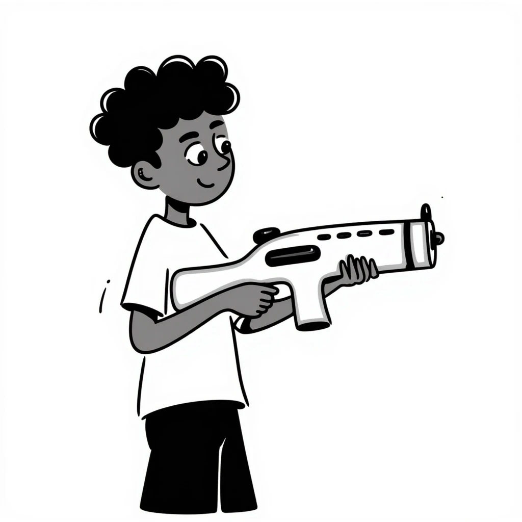 brown-skinned boy with a low taper fade haircut, septum piercing, two eyebrow slits on his left eyebrow, holding a watergun, hand-drawn doodle style emoji