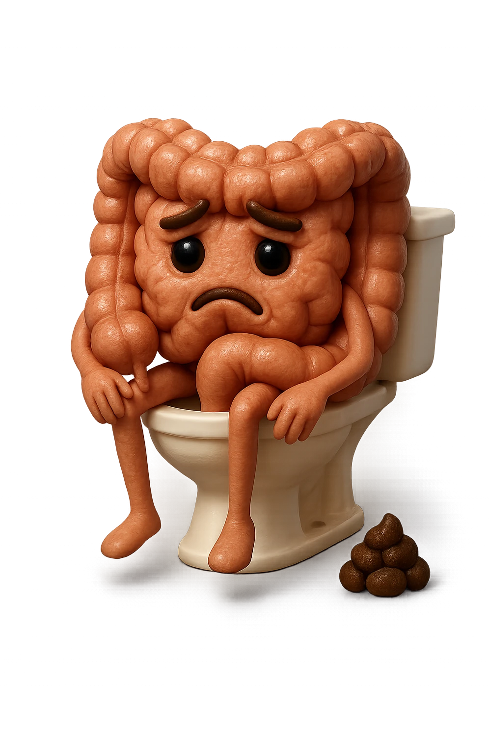 EMOJI STILE IPHONE 3D DI UN INTESTINO CHE sta seduto sul wc e davanti ha una montagnetta di feci a palline stile emoji iphone E FALLO MOLTO REALISTICO IN 3D emoji