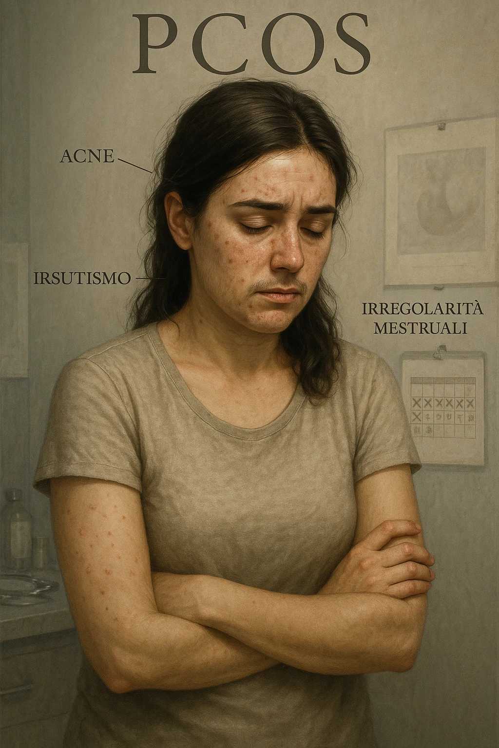 vertical realistic cinematic illustration representing PCOS (polycystic ovary syndrome): shows a woman with typical PCOS signs such as acne, hirsutism, irregular menstruation, and emotional distress. Clinical atmosphere, realistic details, Italian captions, aspect ratio 2:3 emoji
