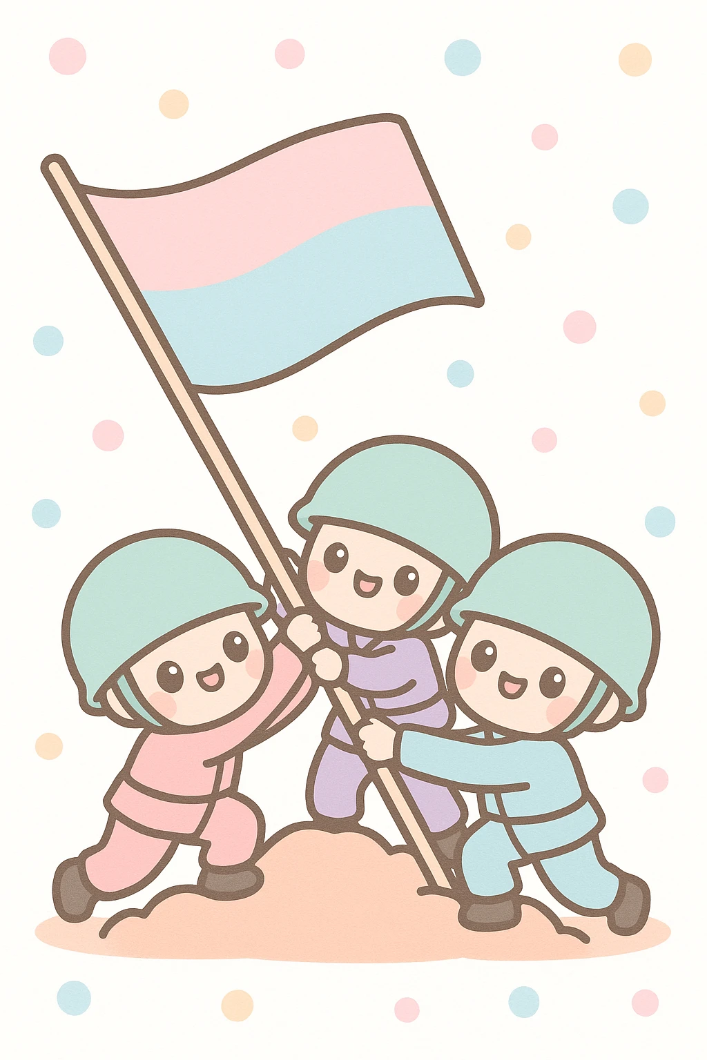 three soldiers pushing a flagpole inspired by the Raising the Flag on Iwo Jima photo, kawaii style, cute and playful, no text emoji