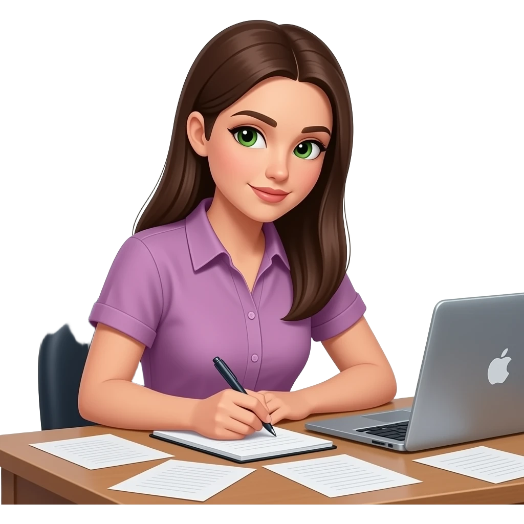 a brunette with long straight hair with green eyes writing down notes with a lot of pieces of paper around her scattered everywhere on the table (at least 5 pieces of paper in a very disorganized way and a laptop in front of her and shes very focused) and she has a mauve short sleeve shirt on emoji