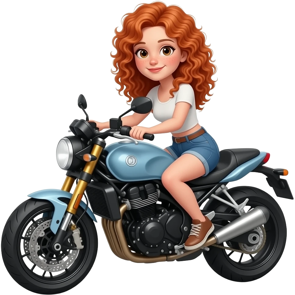 Fille rousse bouclés tâches de rousseur moto emoji