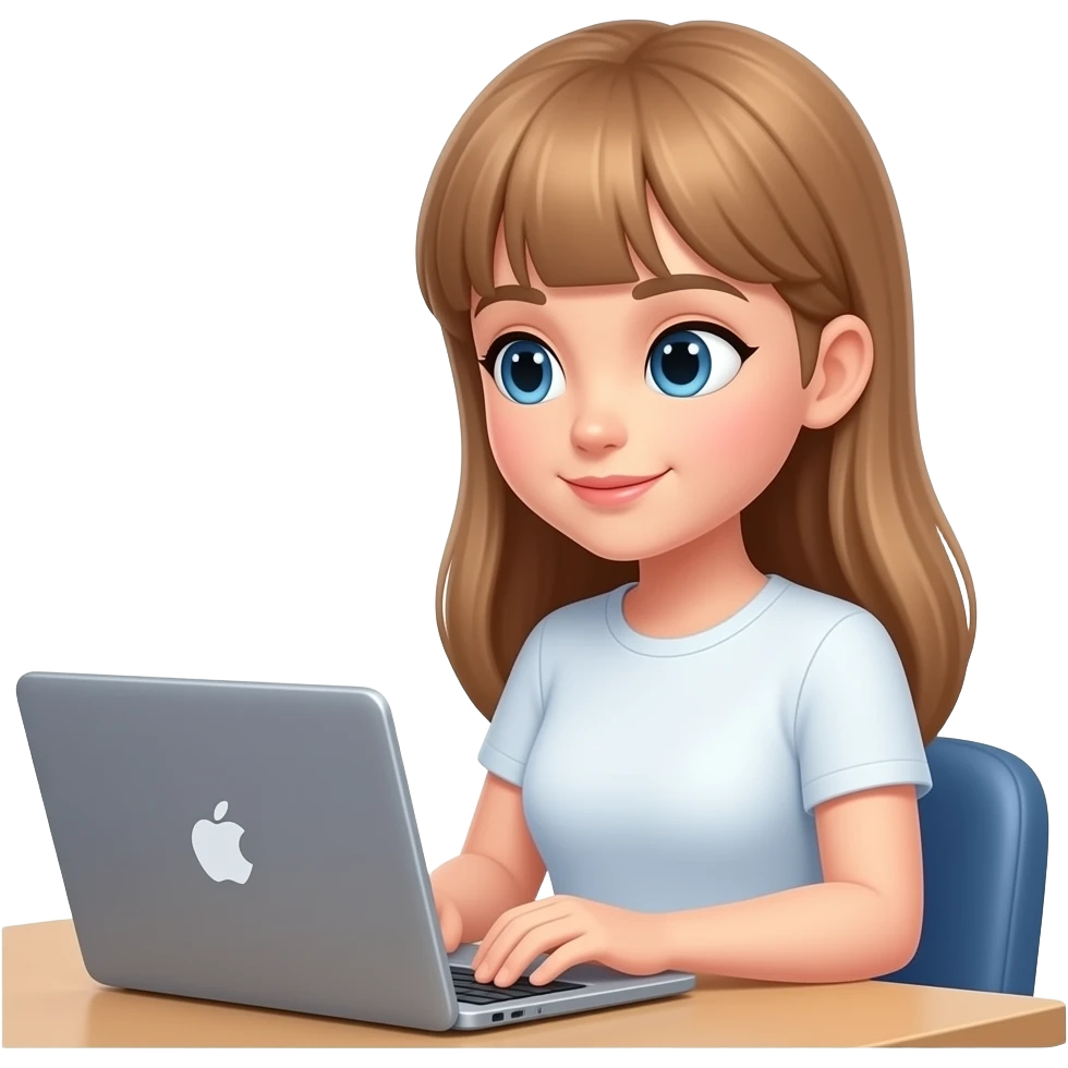 a young woman with long light brown hair and fringe is working with the laptop emoji