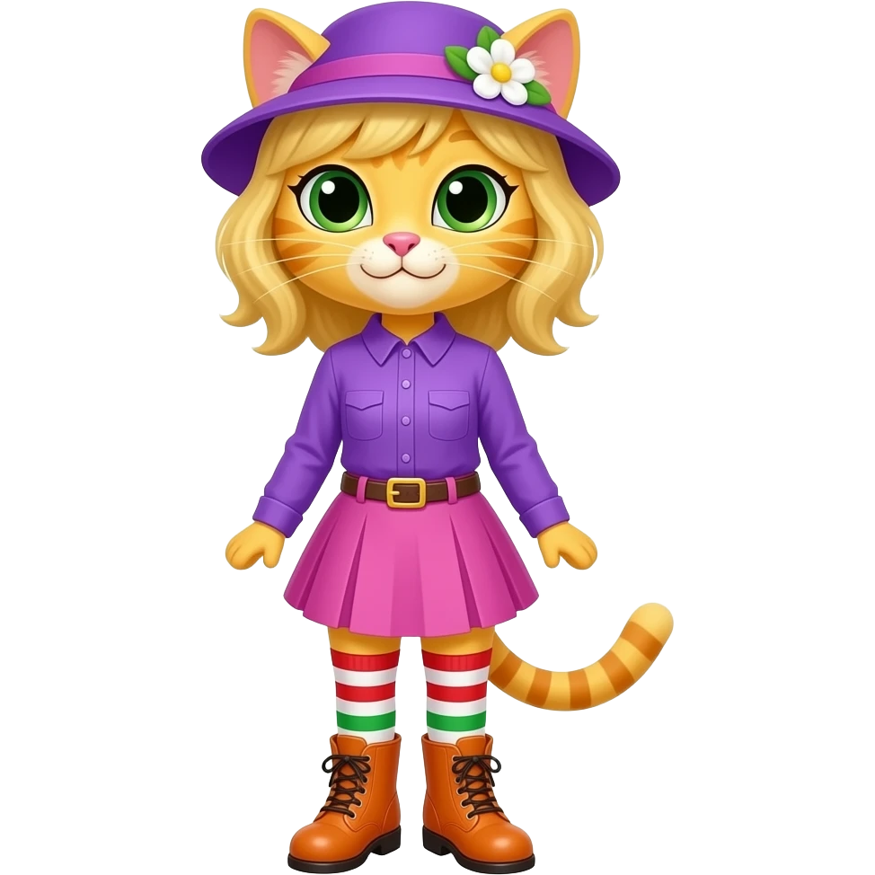 Yellow cat with blonde hair purple hat with white flower  purple long sleeved shirt pink skirt  long red white green  socks orange boots with yellow buckles emoji