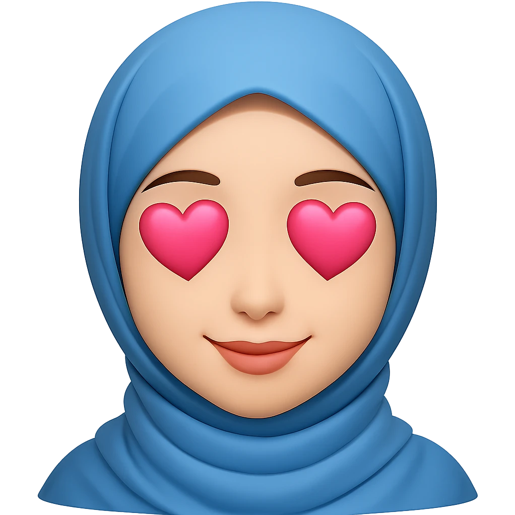 Edit the image of a young beautiful Muslim woman in a hijab in emoji style. Change the blue love hearts in her eyes to pink. Keep the emoji style look and no background. emoji
