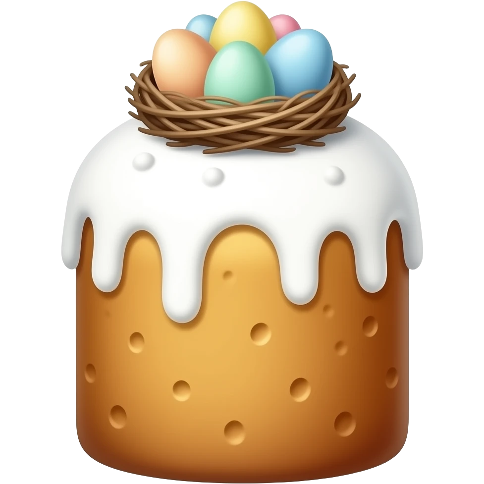 панеттоне золотистого цвета, высокий, с белой глазурью и украшением сверху в виде гнездышка с очень мелкими  яичками пастельных тонов 7 штук emoji