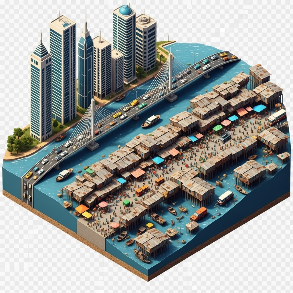 Isometric miniature of Lagos Lekki-Ikoyi Bridge, Eko Atlantic skyscrapers, Makoko slums, tin-roof shacks, chaotic markets, gridlocked traffic, 3D miniature effect and Tilt Shift effect, no cartoonish look, transparent background, don't cut angles emoji