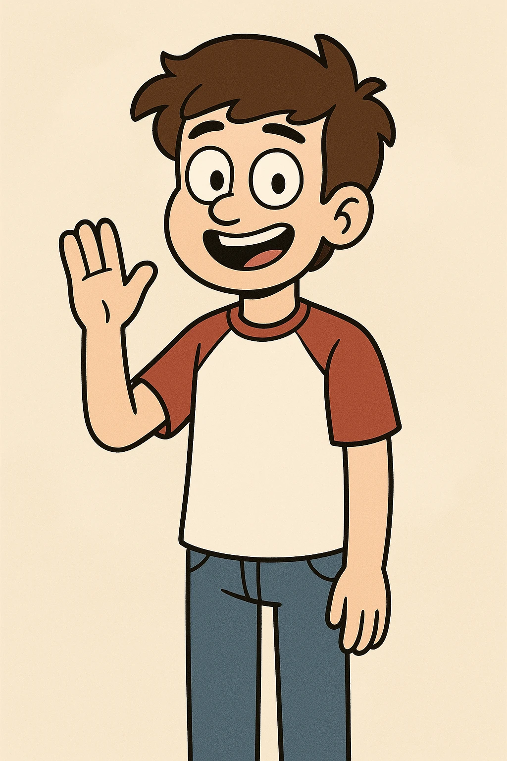 A boy brown hair black eyes red white shirt blue jeans a hand hello  emoji