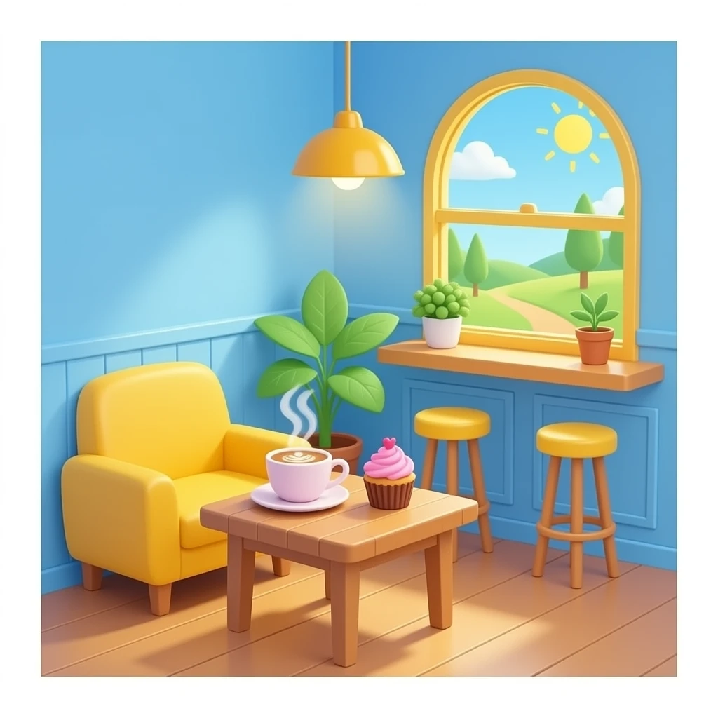 blue yellow Cute cafe corner, transparent background inspired by barbie colour pallete emoji