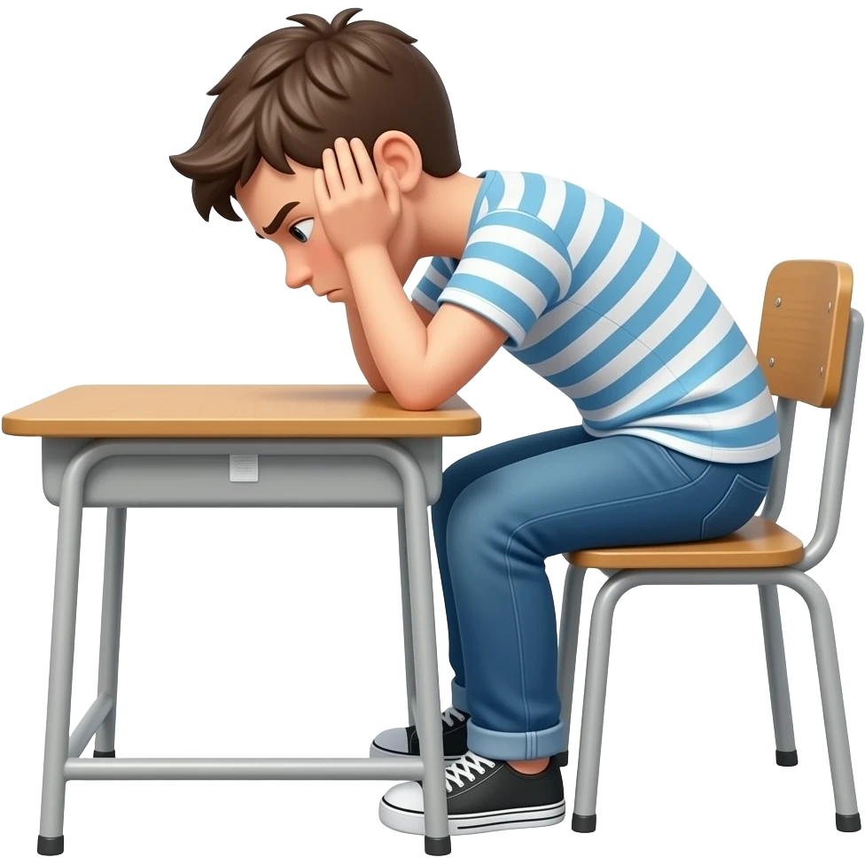 emoji genervter jugendlicher, ganzer körper am Tisch, weißer Hintergrund,  kopf in den Händen, körper nach vorne gebeugt, von der Seite emoji