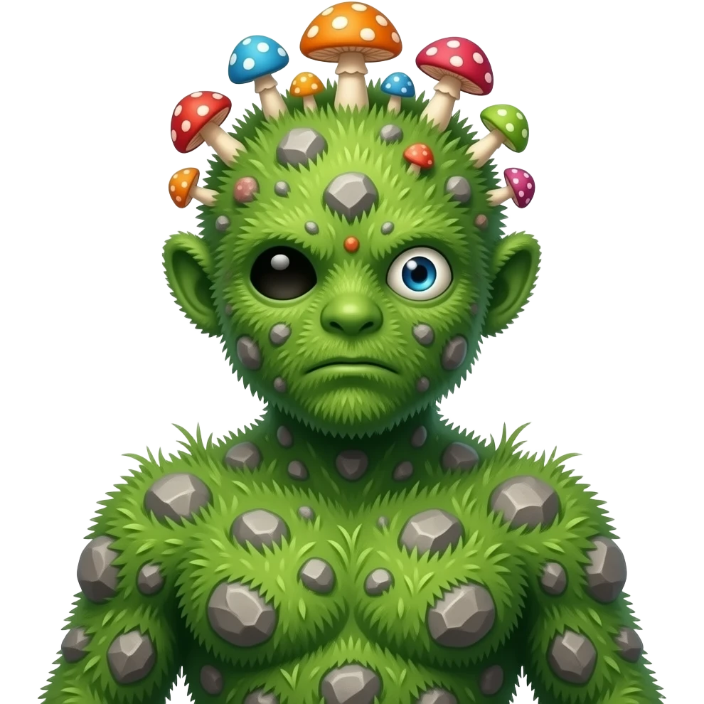A humanoid thing with grass on it with rocks on it different mushroom growing on its head with no ears no mouth one single eye full body emoji