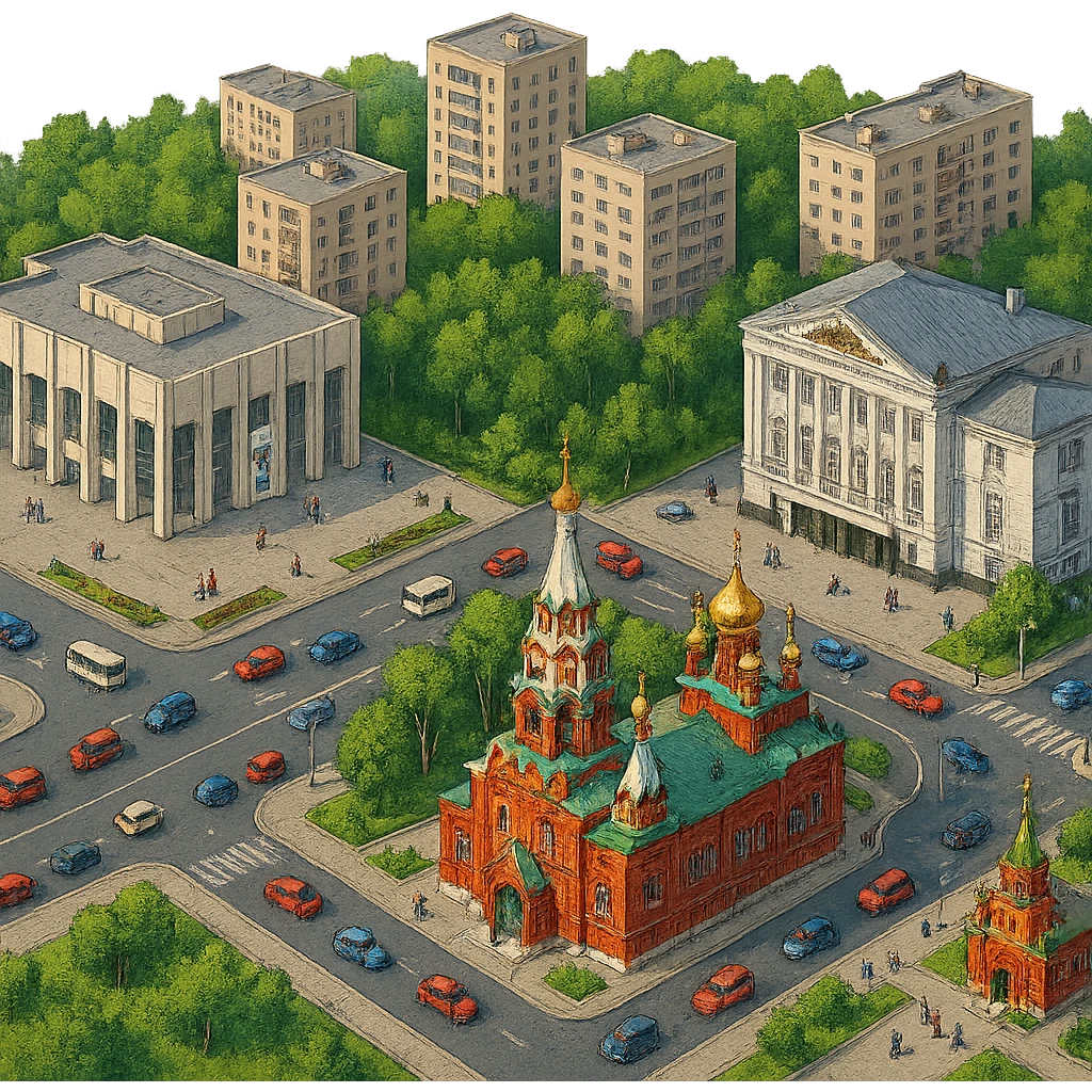 Изометричная чёткая миниатюрная фотореалистичная 3D модель панорамы Перми — Пермский академический Театр-Театр, Театр оперы и балета, Вознесенско-Феодосиевская церковь, Черняевский лес,  люди, несколько типичных пермских домов, автотранспорт. Вид сверху в изометрии, яркие цвета, мультяшная рисованная реалистичность, прозрачный фон, компактная композиция, не обрезать края зданий. emoji