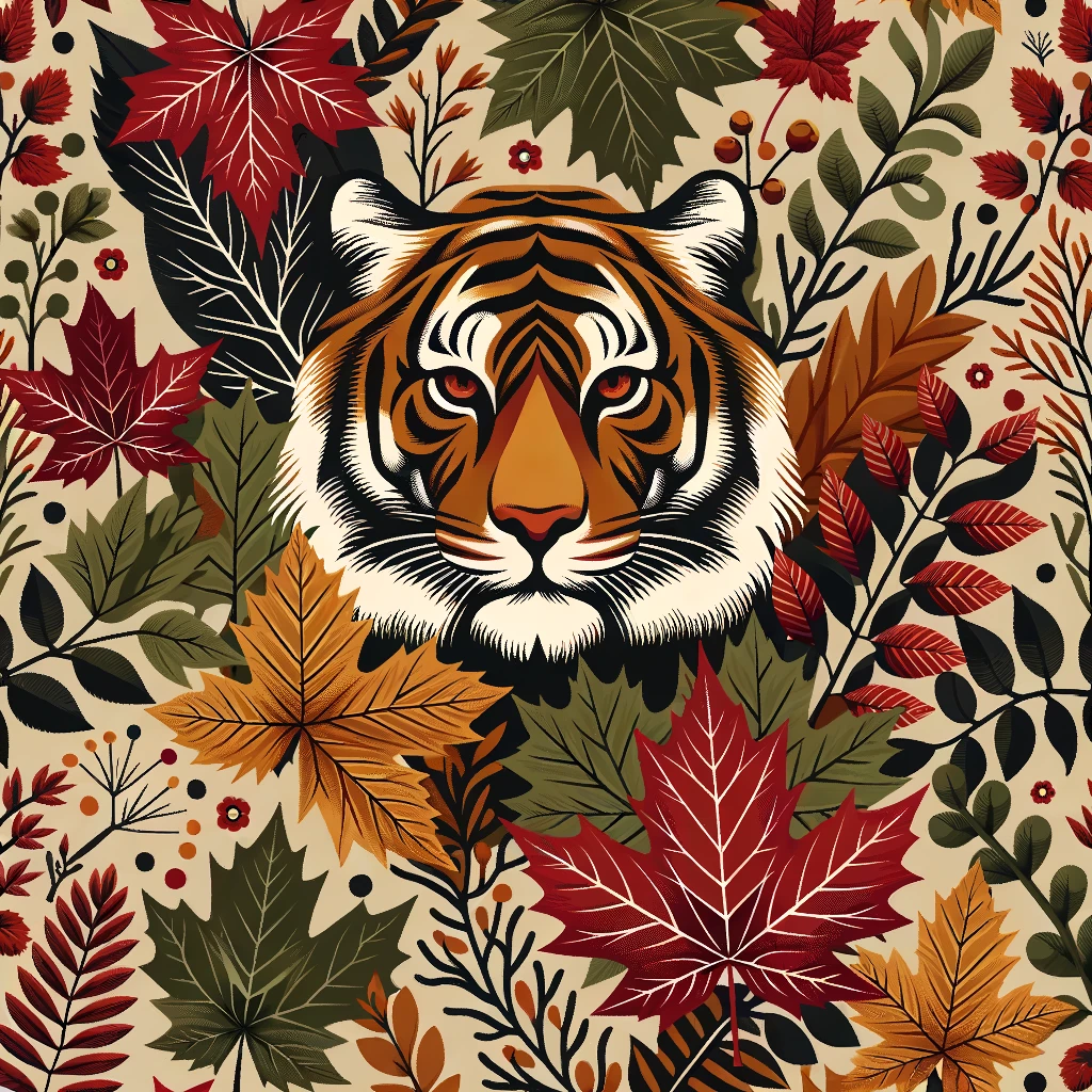 design pattern, camouflage pattern inspired by autumn forest, tiger stripes blended with maple leaves and branches, earthy colors (olive, rust, deep red, golden yellow), seamless design, modern fashion style emoji