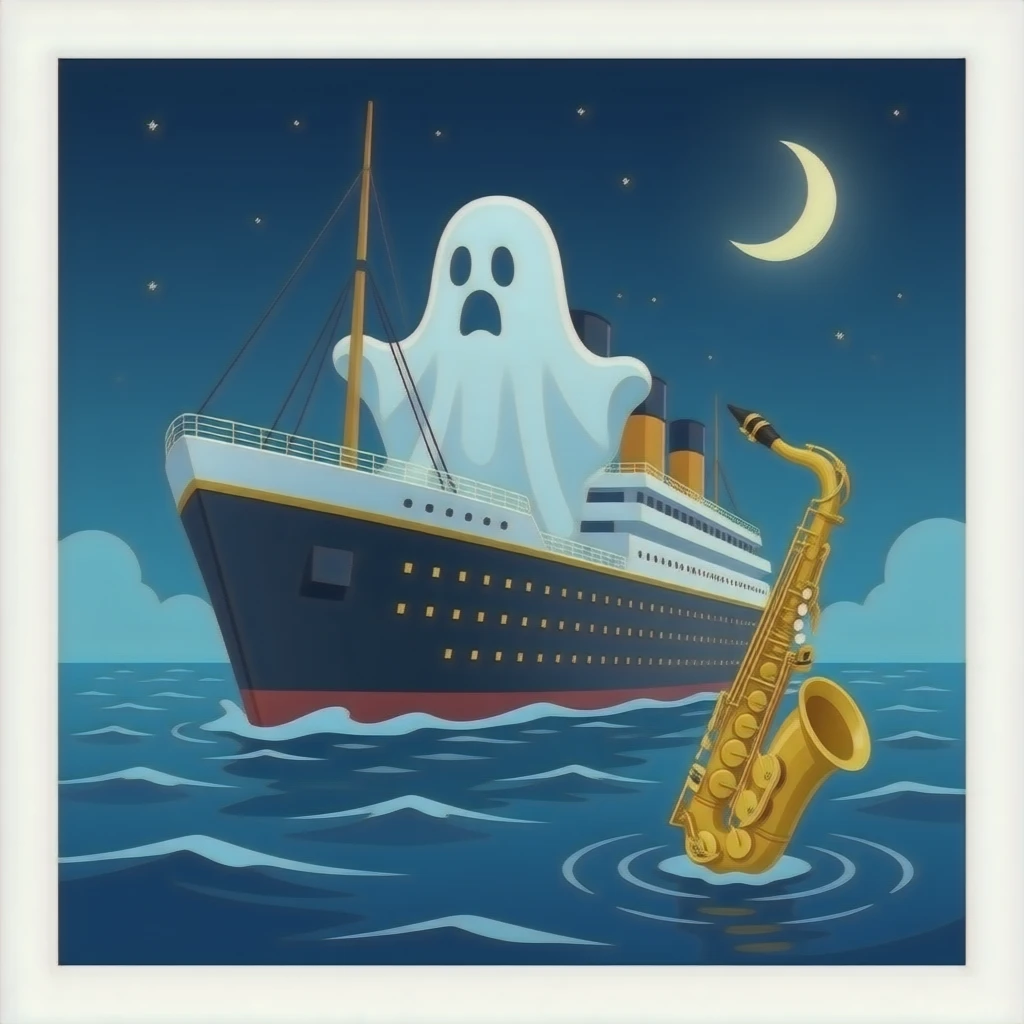 the ghostly ship Titanic floats above the sea in which a saxophone floats emoji