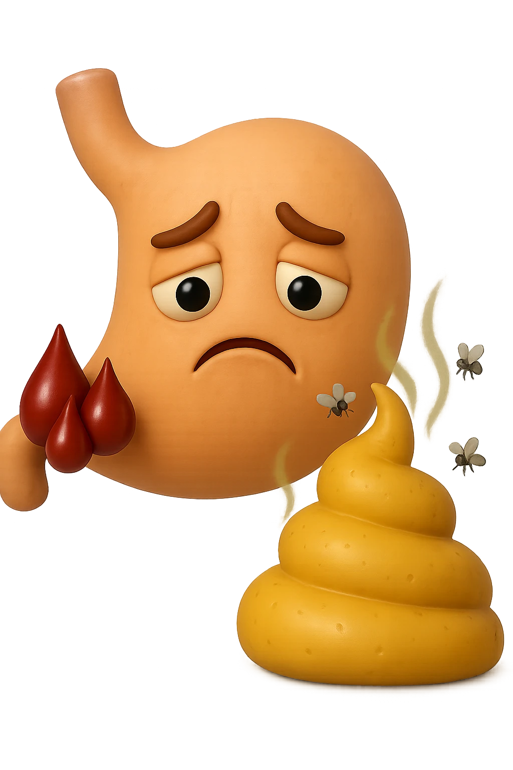 emoji stile iphone 3d di cacca gialla e liquida che emana fumi e cattivo odore, mosche gli girano intorno, iperrealistiche 4k emoji