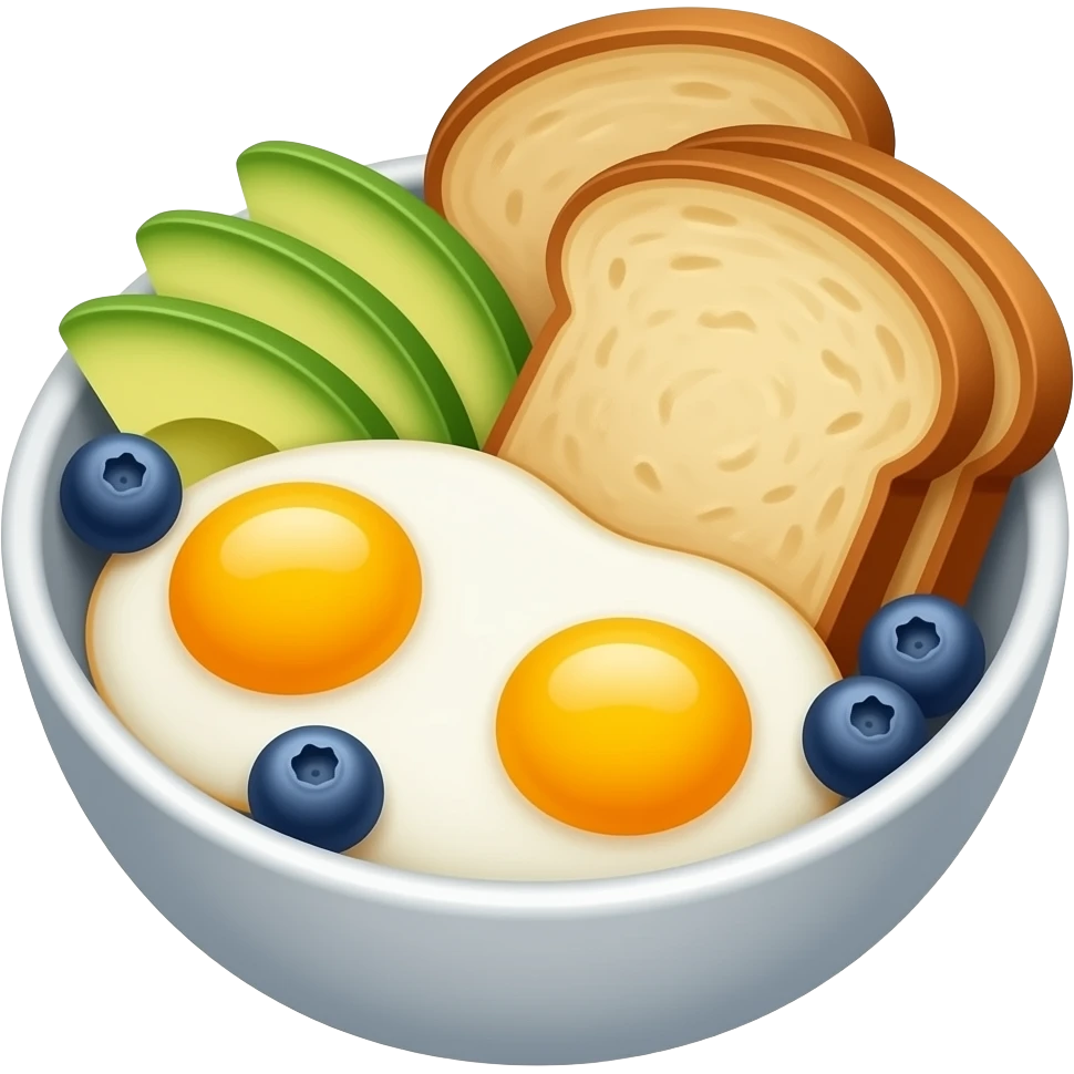 bowl with sunny side eggs avocado blueberries sourdough emoji