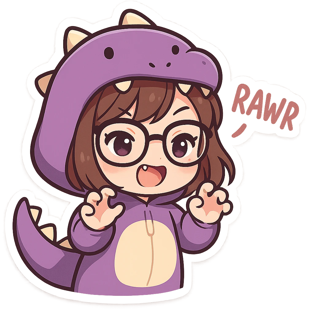 chibi anime style girl with glasses, brown hair, dark purple eyes, wearing a purple dinosaur costume, saying 'rawr' in a cute playful way, clawing the air with her hands, showing her teeth, no background emoji
