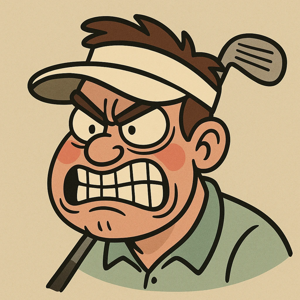 mad golfer's face, teeth clenched, red cheeks, golf visor, bold lines, cartoon style emoji
