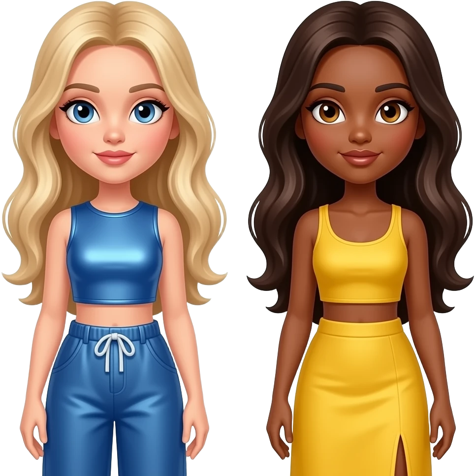 Bratz with Chloe with blue eyes, long blonde hair, blue metallic crop top and baggy pants, Sasha with dark skin, hazel eyes, long dark brown hair, yellow crop top and long skirt emoji