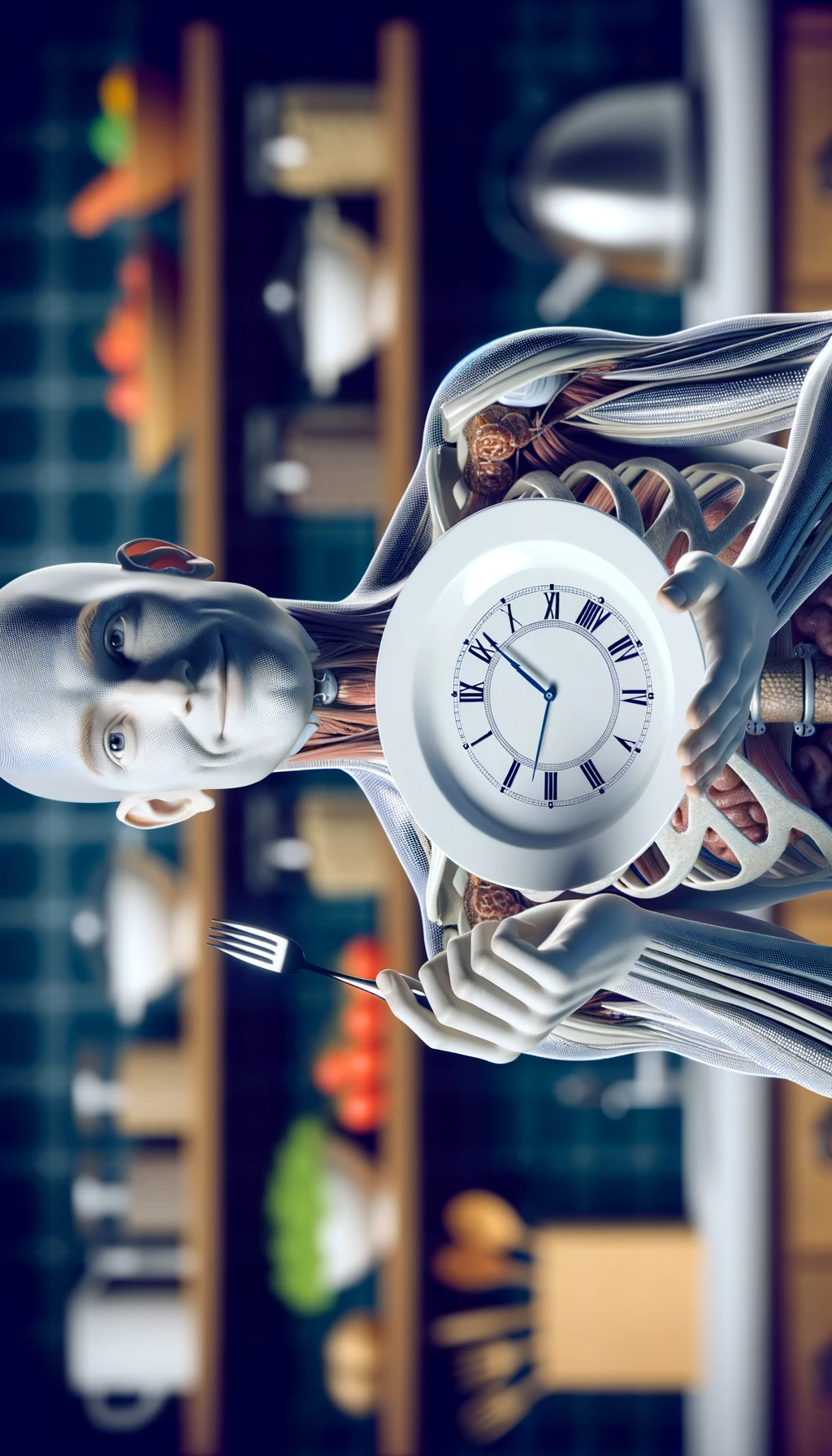 corpo umano anatomico, che tiene in mano un piatto bianco con la lancette di un orologio sopra, figura visibile fino ai fianchi, espressione del volto soddisfatta, sullo sfondo la sua cucina sfocata, iperrealistico 4k emoji