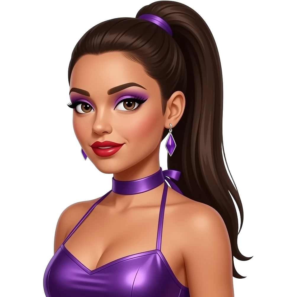 Melody Thornton from The Pussycat Dolls with medium dark skin, dark brown eyes, long dark brown 2000s straight high ponytail hair, purple eyeshadow, red lipstick, purple metallic halter dress, earrings emoji