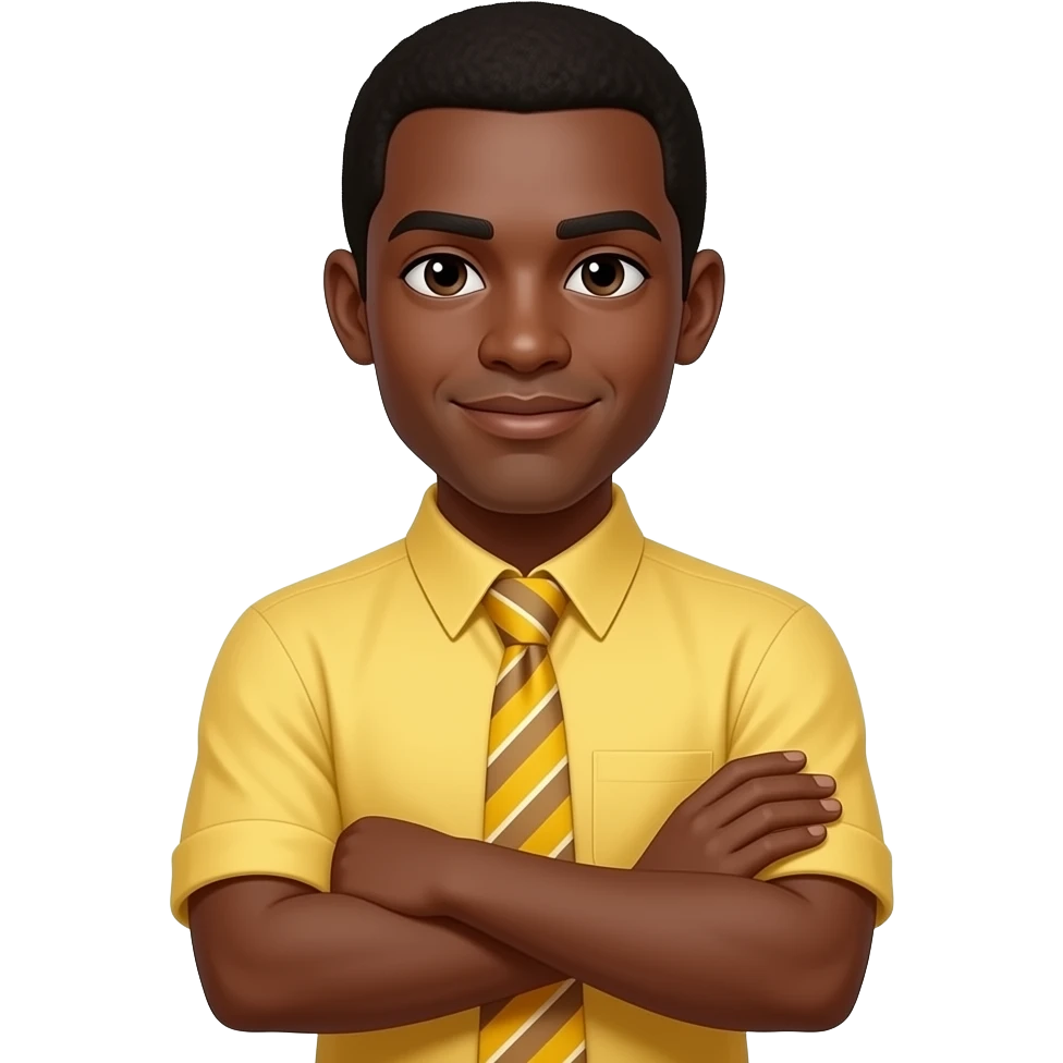 brown skinned man wearing a yellow dress shirt and tie with his arms crossed emoji