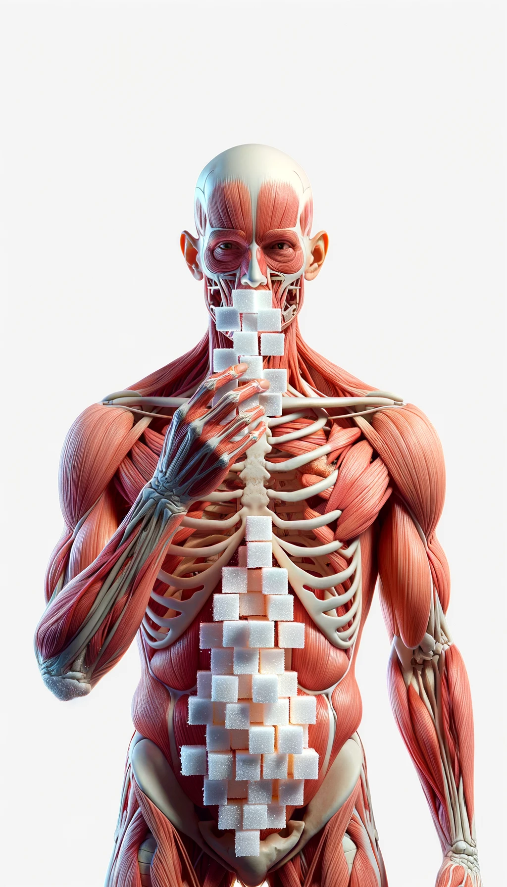 corpo umano anatomico in piedi a figura intera che mangia zollette di zucchero, posa frontale, iperrealistico 4k, isolato su sfondo bianco emoji