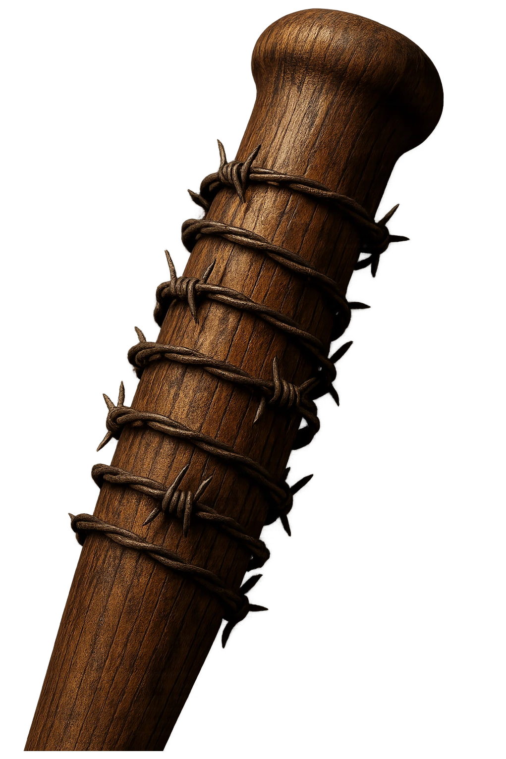 Close-up of a wooden baseball bat with barbed wire spiraling around it, referencing Lucille, with dramatic lighting, transparent background emoji