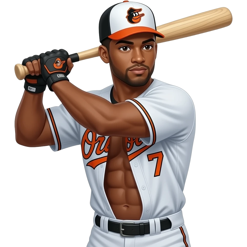 make a black skinned 20 year old man in a brown low taper fade wearing a baseball oriole jersey that is unbuttoned and you can see a lot of abs and big muscles and the jersey is orioles and an orioles hat and he is going up to bat ready to swing wearing number 7 emoji